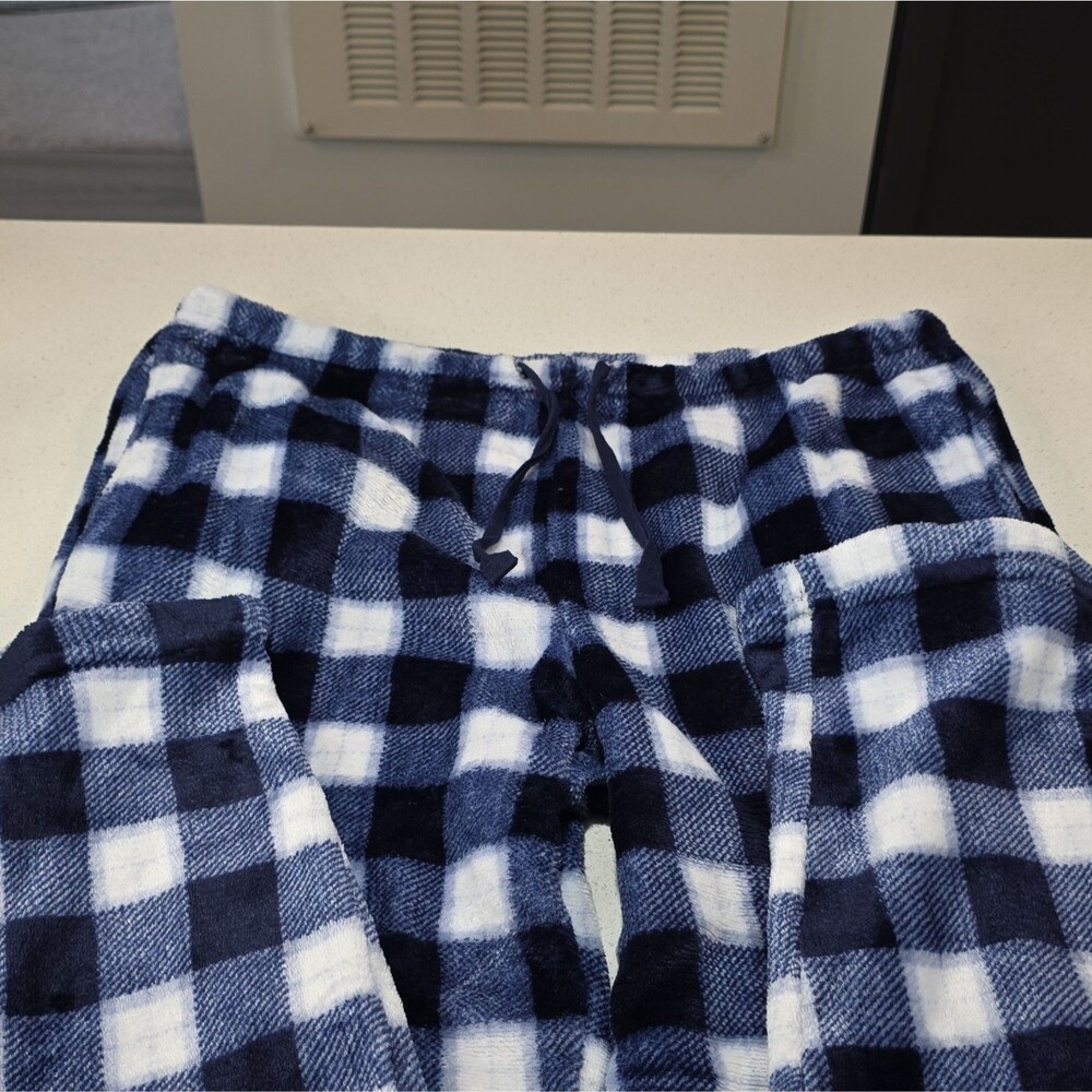 PJ Essentials Women's Fleece Plaid Pajama Pants M Blue/White Drawstring - Picture 2 of 7
